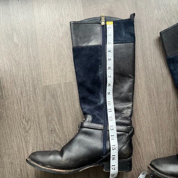 Tory Burch Navy Blue Leather and Suede Logo Boots - Picture 7 of 9